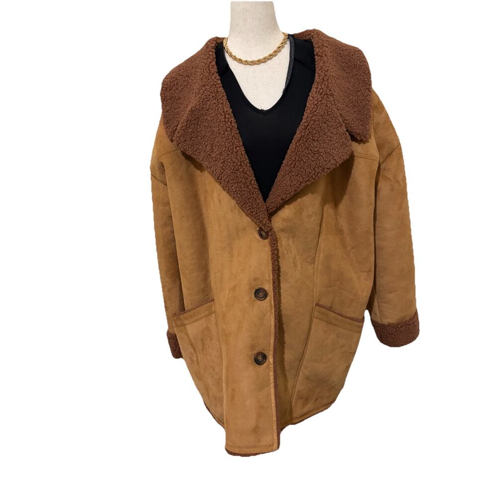 Free People Diogo Brown‎ Colorblock Coat Oversized Fuzzy Size XL - Picture 3 of 7